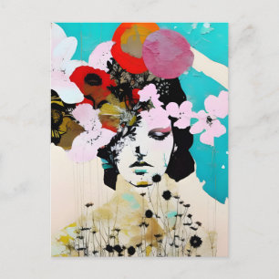 Flowers Lady Colourful Mixed Media Collage Abstrac Postcard