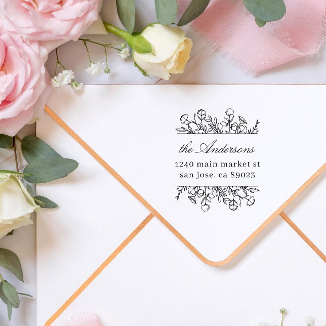 Flowers Leaves Frame Family Name Return Address Rubber Stamp (Creator Uploaded)