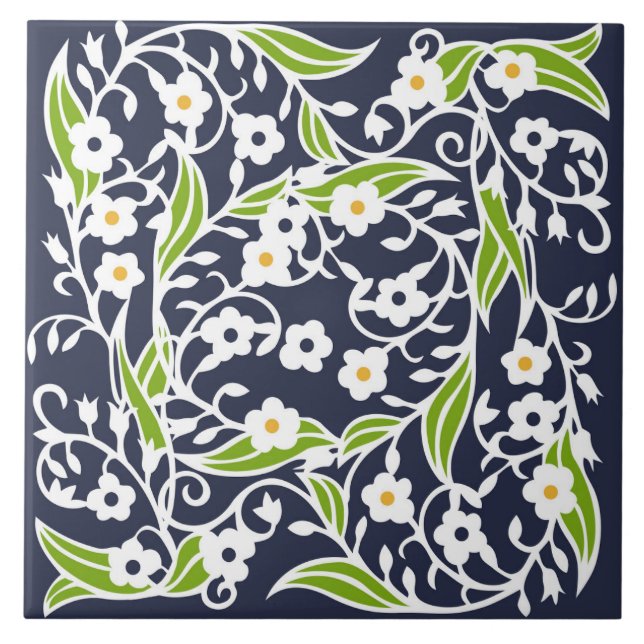 Flowers, leaves, vines, navy blue, white, green tile (Front)