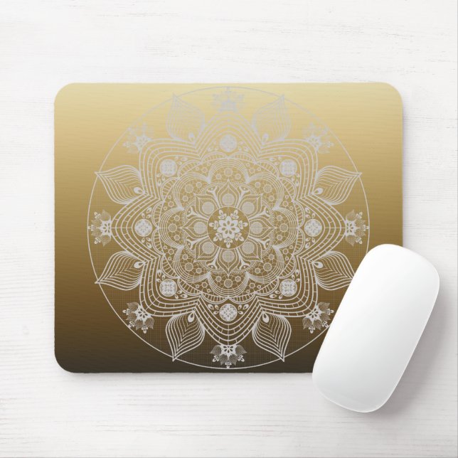 Flowers, Leaves, White Lace Floral Mandala on Gold Mouse Pad (With Mouse)