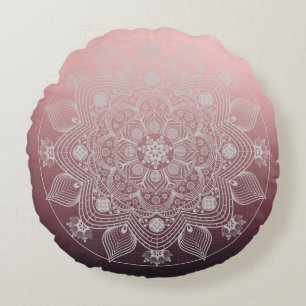 Flowers, Leaves, White Lace Floral Mandala on Pink Round Cushion