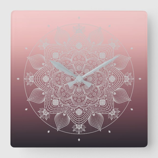 Flowers, Leaves, White Lace Floral Mandala on Pink Square Wall Clock (Front)
