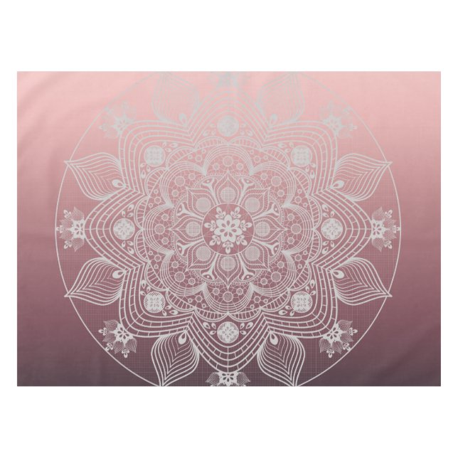 Flowers, Leaves, White Lace Floral Mandala on Pink Tablecloth (Front (Horizontal))