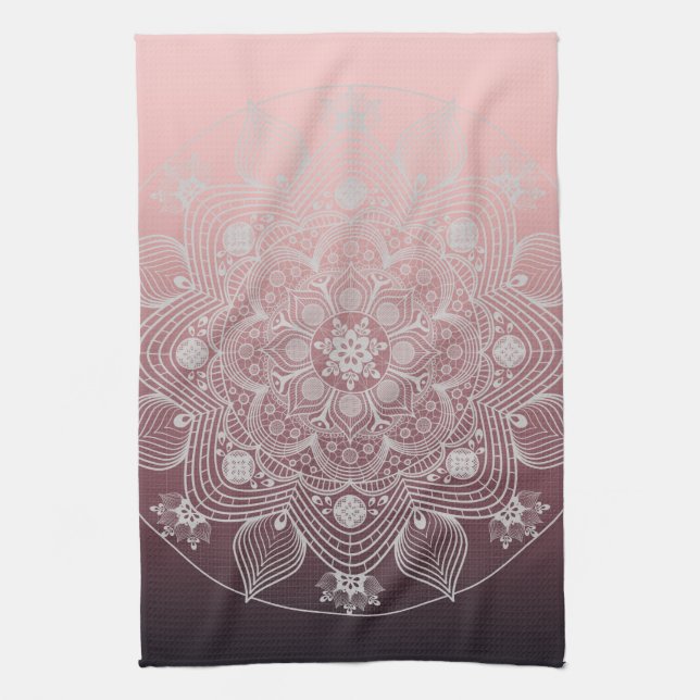 Flowers, Leaves, White Lace Floral Mandala on Pink Tea Towel (Vertical)