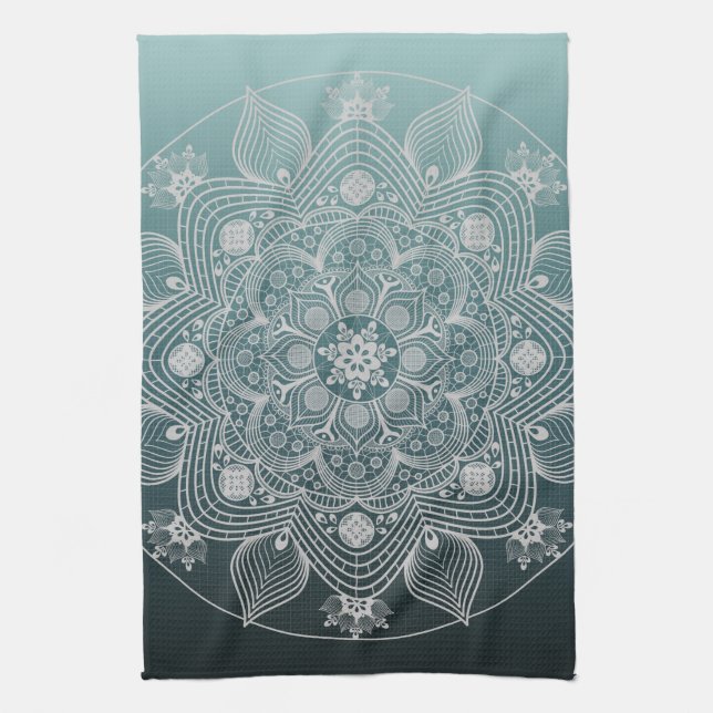 Flowers, Leaves, White Lace Floral Mandala on Teal Tea Towel (Vertical)
