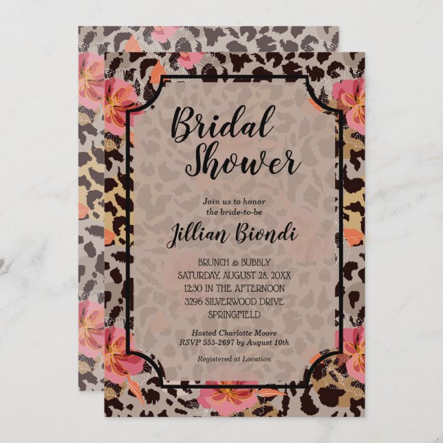 Flowers Leopard Animal Print Bridal Shower Invites (Front/Back)