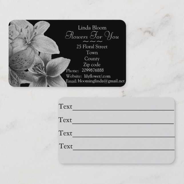 flowers Lilies black and white art design florists Business Card (Front/Back)