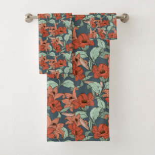 Flowers Lily Foliage Red Pink Green Bath Towel Set