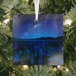 Flowers Lupines Blooming at Night Lake Tekapo Glass Tree Decoration