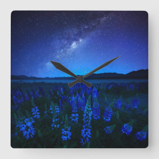 Flowers | Lupines Blooming  at Night Lake Tekapo Square Wall Clock