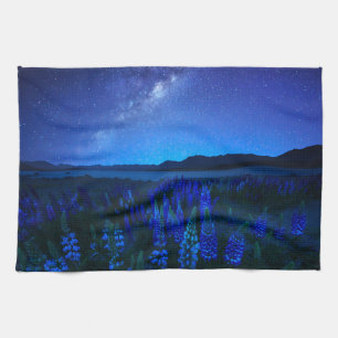Flowers Lupines Blooming at Night Lake Tekapo Tea Towel