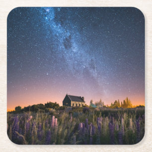 Flowers Lupines Blooming Lake Tekapo New Zealand Square Paper Coaster