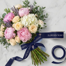 Flowers Make You Happy Dark Navy Blue Satin Ribbon