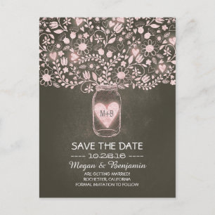 Flowers mason jar pink rustic save the date announcement postcard
