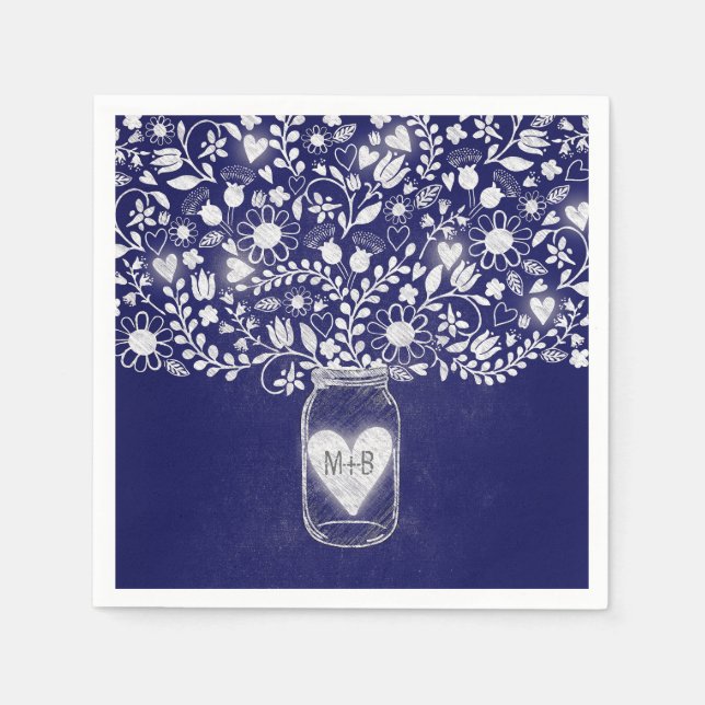 flowers mason jar royal blue wedding paper napkins (Front)