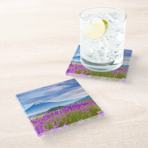 Flowers Mount Fugi Japan Glass Coaster