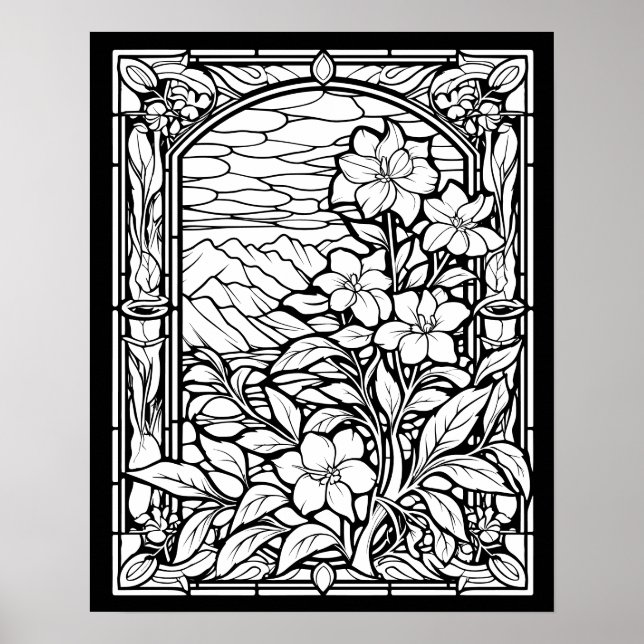 Flowers & Mountains Stained Glass Window Colouring Poster (Front)