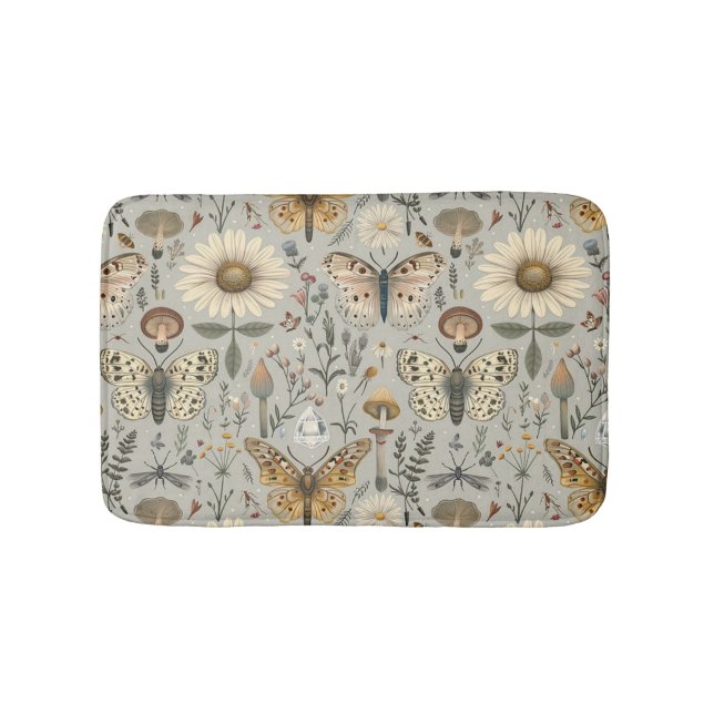 Flowers mushroom and butterfly vintage pattern bath mat (Front)
