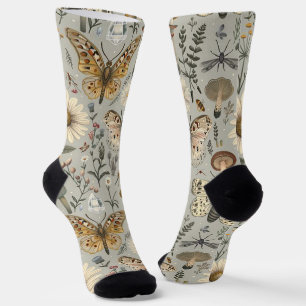 Flowers mushroom and butterfly vintage pattern socks