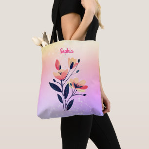 Flowers & Name on Gradient Gold & Purple Tote Bag