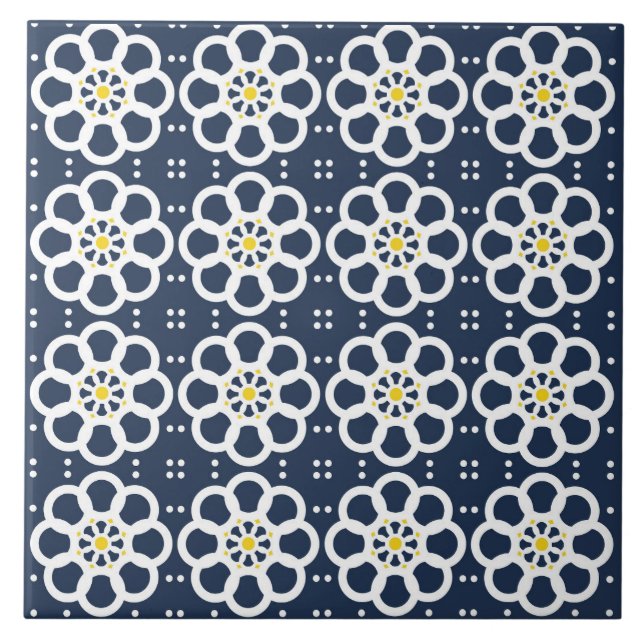 Flowers, navy blue, white, yellow accents, dots tile (Front)