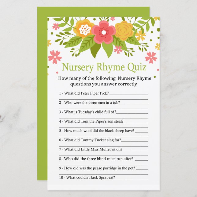 Flowers Nursery Rhyme Quiz baby shower game (Front/Back)