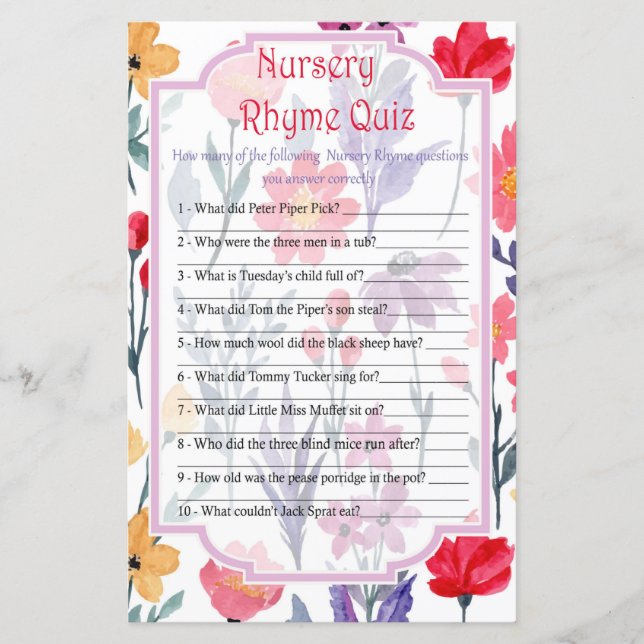 Flowers Nursery Rhyme Quiz baby shower game (Front)