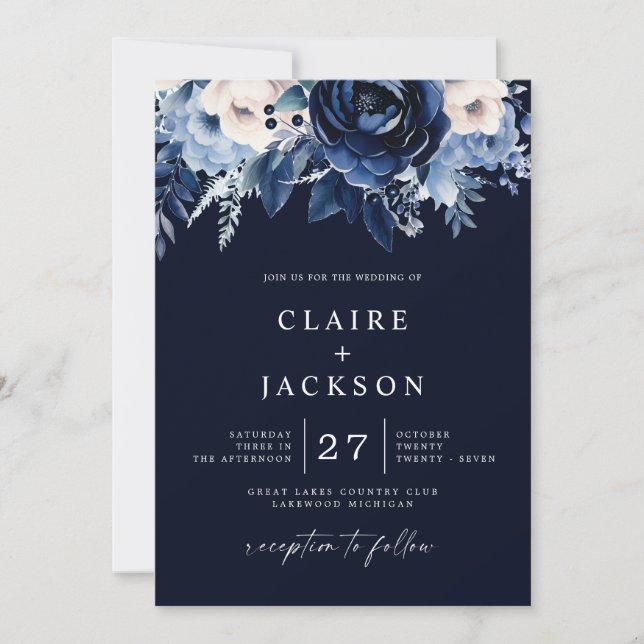 Flowers of Blue Wedding Navy Invitation (Front)