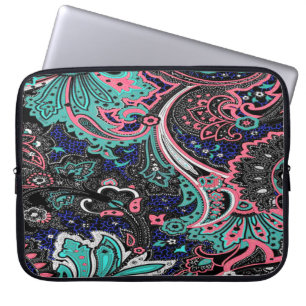 Flowers of Joy Teal Pink Blue Black Laptop Sleeve