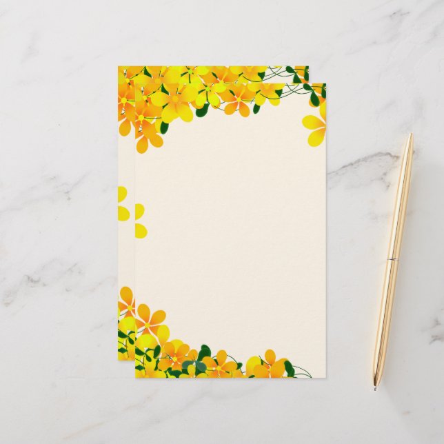 Flowers of Orange & Yellow Border Stationery (Front/Back In Situ)