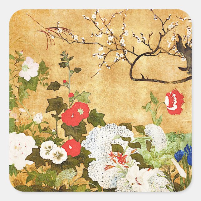 Flowers of the four seasons, Saito Ippo, Asian Art Square Sticker (Front)