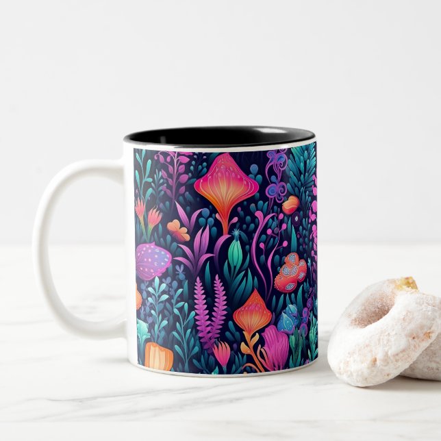 Flowers of the Sea - Aqua Flora Two-Tone Coffee Mug (With Donut)