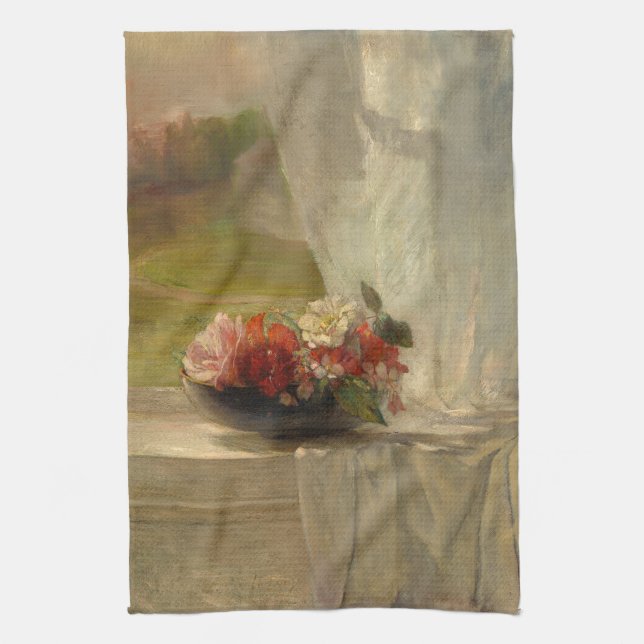 Flowers on a Window Ledge by John La Farge Tea Towel (Vertical)