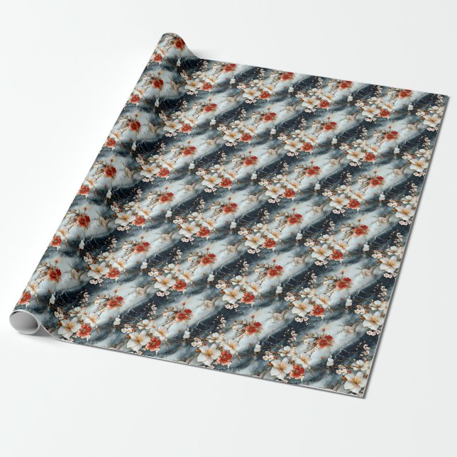 Flowers on Black & White Marble Wrapping Paper (Unrolled)