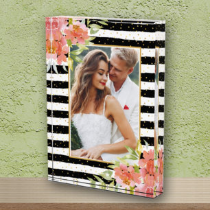 Flowers on Black White Stripes Photo Block