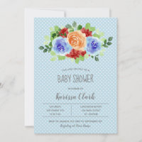 Flowers on Blue Polka Dots Boy Baby Shower Invites