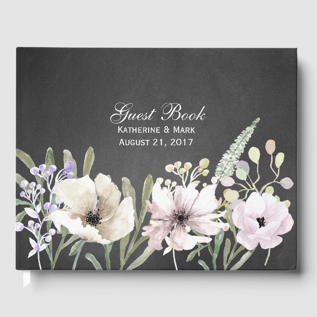 Flowers on Chalkboard Wedding Guest Book (Front)