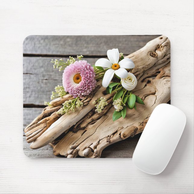 Flowers On Driftwood Mouse Pad (With Mouse)