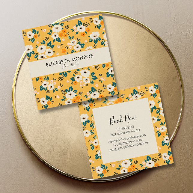 Flowers on Gold Salon Hair Stylist Makeup Square Business Card (Creator Uploaded)