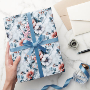 Flowers on Grey & White Marble  Wrapping Paper
