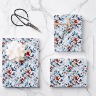 Flowers on Grey & White Marble Wrapping Paper Sheet