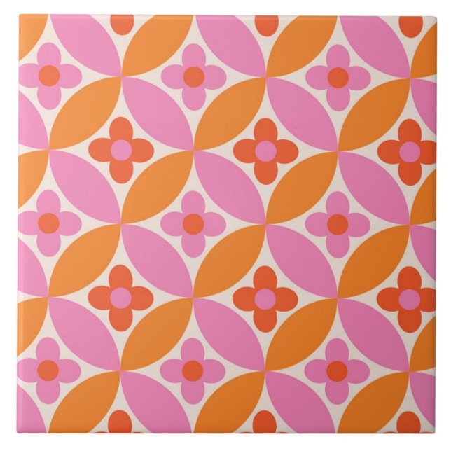  Flowers on Mid Century Pink Orange  Circles  Tile (Front)