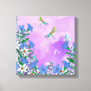 Flowers on purple with dragonflies canvas print