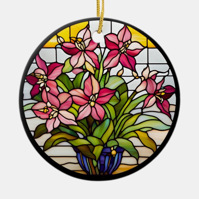 Flowers on Stained Glass Ceramic Tree Decoration (Front)