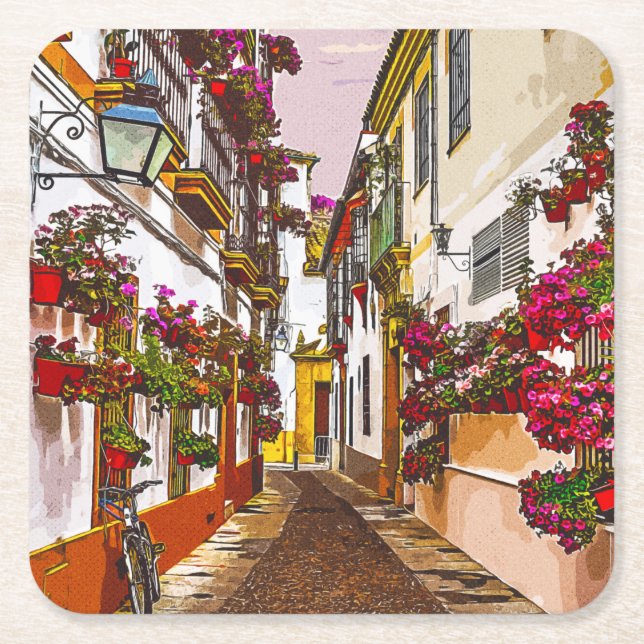 Flowers on the street. Cordoba, Andalusia, Spain. Square Paper Coaster (Front)