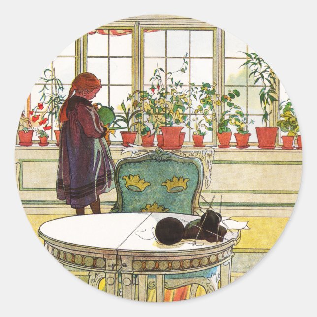 Flowers on the Windowsill by Carl Larsson Classic Round Sticker (Front)
