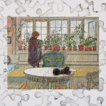 Flowers on the Windowsill by Carl Larsson Jigsaw Puzzle<br><div class="desc">Flowers on the Windowsill (1894) by Carl Larsson is a vintage Victorian Era Swedish fine art portrait painting. A young girl is watering potted spring garden flowers. The plants are on the windowsill in the living room of her house. A window in the home is open and there are knitting...</div>