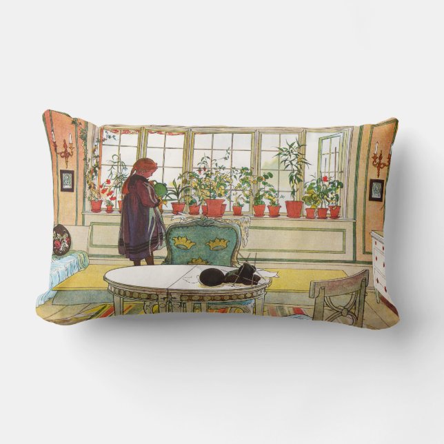 Flowers on the Windowsill by Carl Larsson Lumbar Cushion (Front)