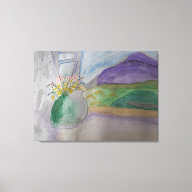 Flowers On The Windowsill Stretched Canvas Print (Front)