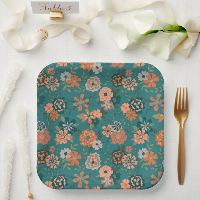 Flowers Orange Green Botanical Pattern Event Paper Plate (Wedding)